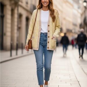 Ann Taylor Yellow and Cream Houndstooth Cardigan -107